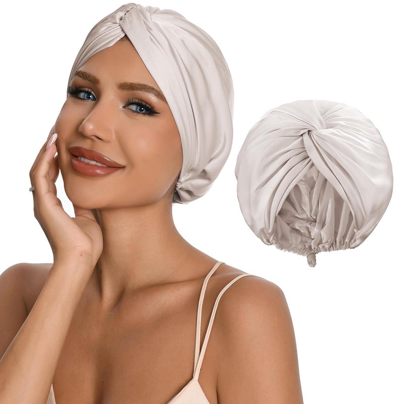elio Adjustable Silk Satin Hair Bonnet for Sleeping with 5% Mulberry Silk – Double Layer Hair Cap for Women & Men, Extra Smooth Night Cap for Curly, Braided, Natural Hair – Shower Cap (Champagne) - Image 1